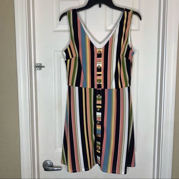 BCX A-Line Dress Junior Button-Detail Striped V-Neck Black Size Large - Picture 1 of 12